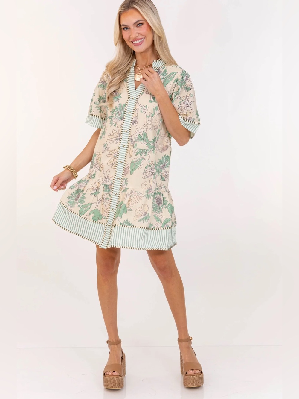 Umgee || Sage Floral Babydollโ Dress Seersucker Ruffle Small
